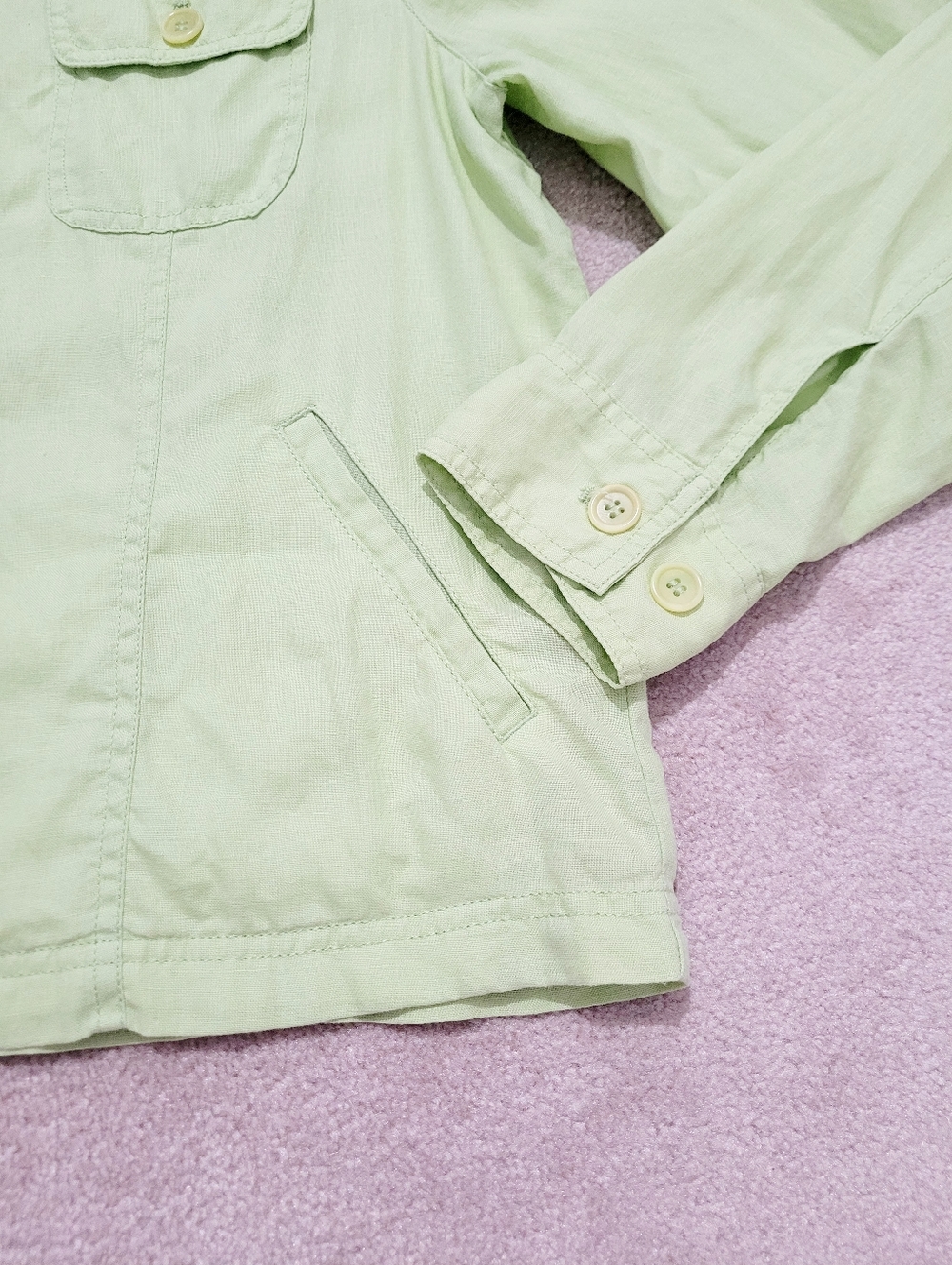 100% Linen Jacket Womens Size Large Green Button Front Utility Classic Casual - Picture 9 of 13